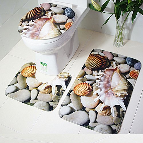 Alimao 4PCS Sea Style Non Slip Toilet Polyester Cover Mat Set Bathroom Shower Curtain