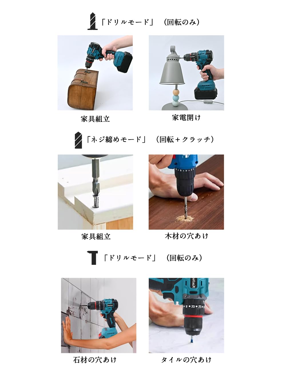 Kachiari Vibration Driver Drill, Plusless Motor, 2-Speed Switching, Lightweight, LED Lighting Function, Forward and Reverse Switching, Safety Lock, For DIY, Compatible with Makita 18V Batteries,