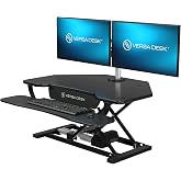 VERSADESK PowerPro 36 Inch Electric Corner Standing Desk Converter, Push-Button Height Adjustable Sit to Stand Desk Riser, Dual Monitor &amp; Laptop Workstation with Keyboard Tray, Black