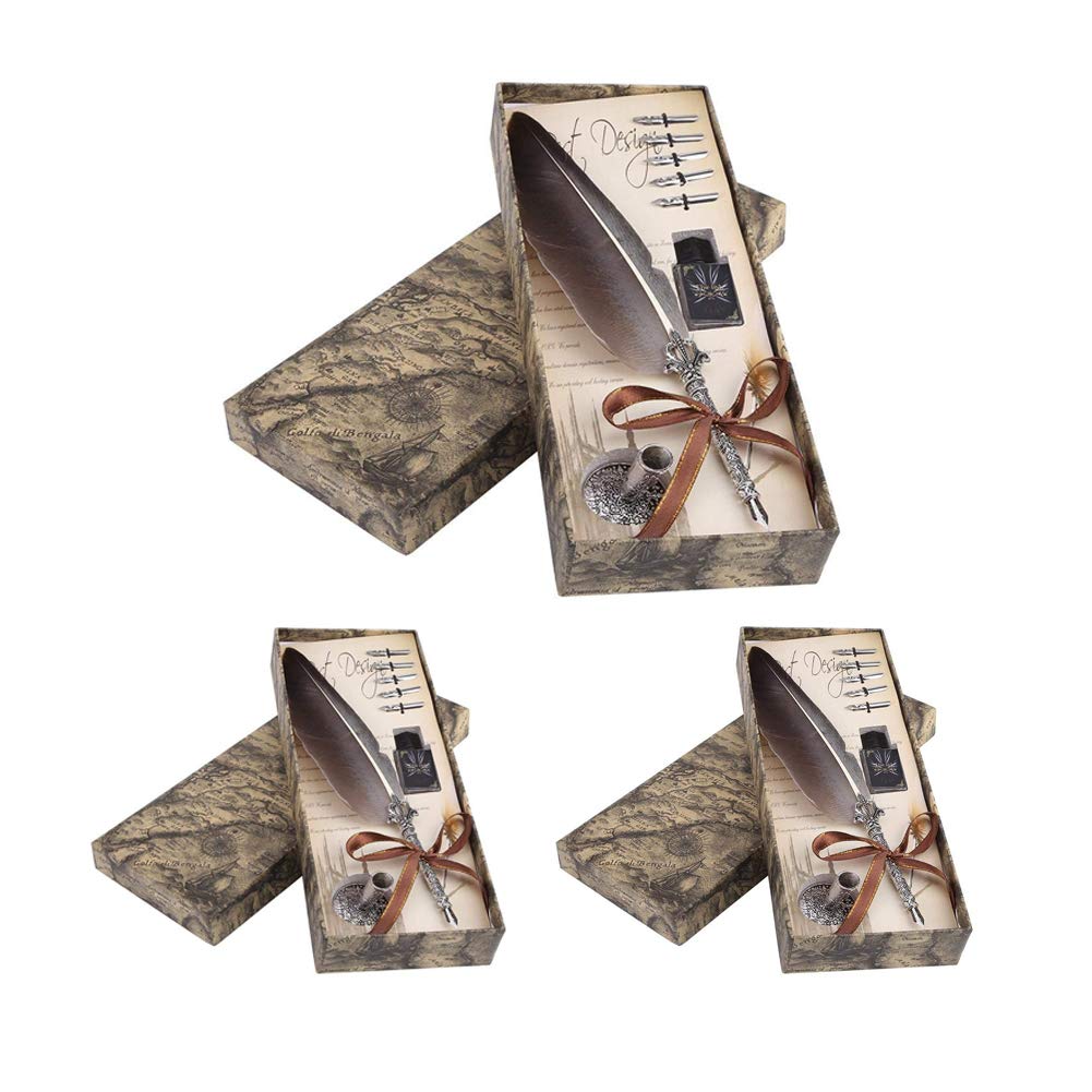 3pcs Handmade Dip Pen English Calligraphy Feather Writing Ink Bottle Set with Replacement Nibs & Pen Nib Base for Stationery Gift (Black x3)