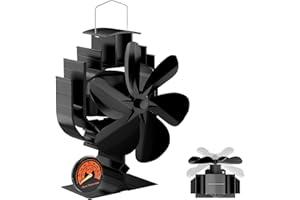 Gisam Oscillating Wood Stove Fan - 60° Left-Right Rotation, 6-Blade Heat Powered Fireplace Fan with Magnetic Thermometer, Non-Electric for Fast Warm Air Circulation