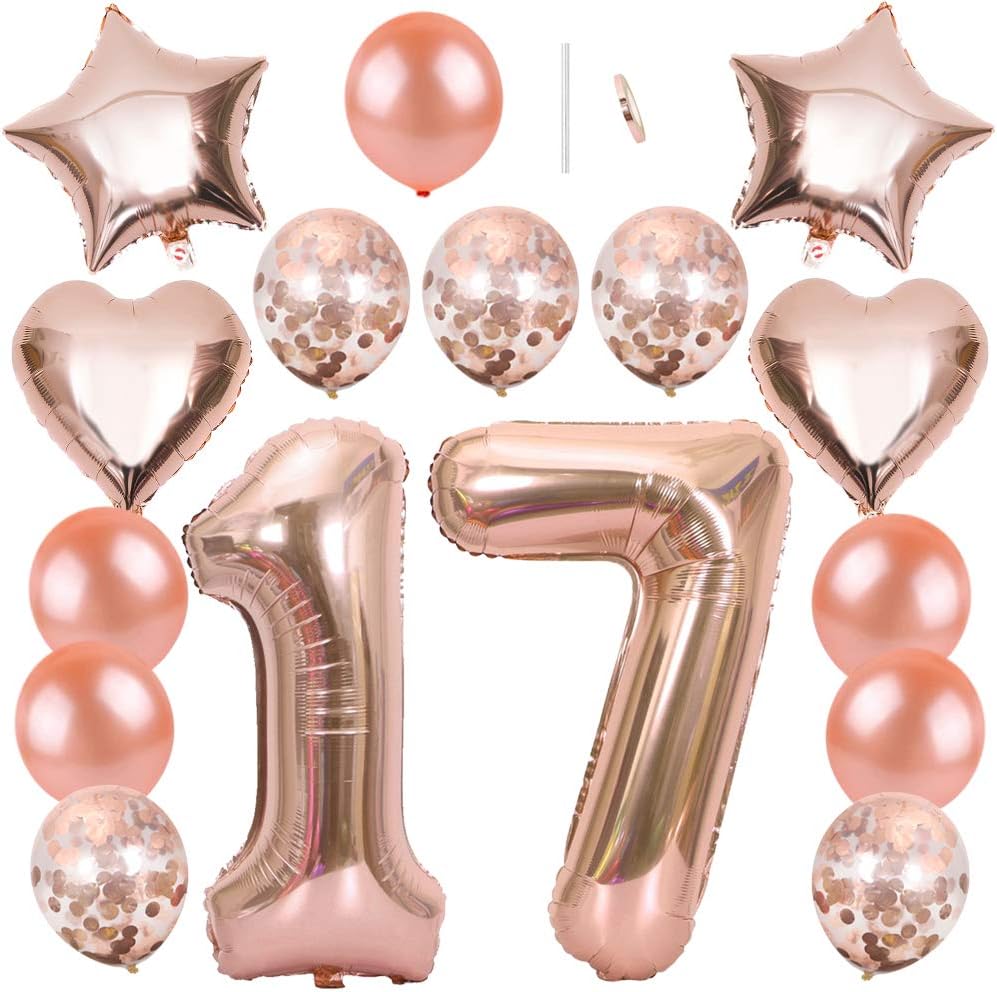 Ceqiny 40" 17th Number Mylar Balloon, 18" Star Heart Foil, 12" Sequins Latex for Birthday Party Wedding, Bridal Shower