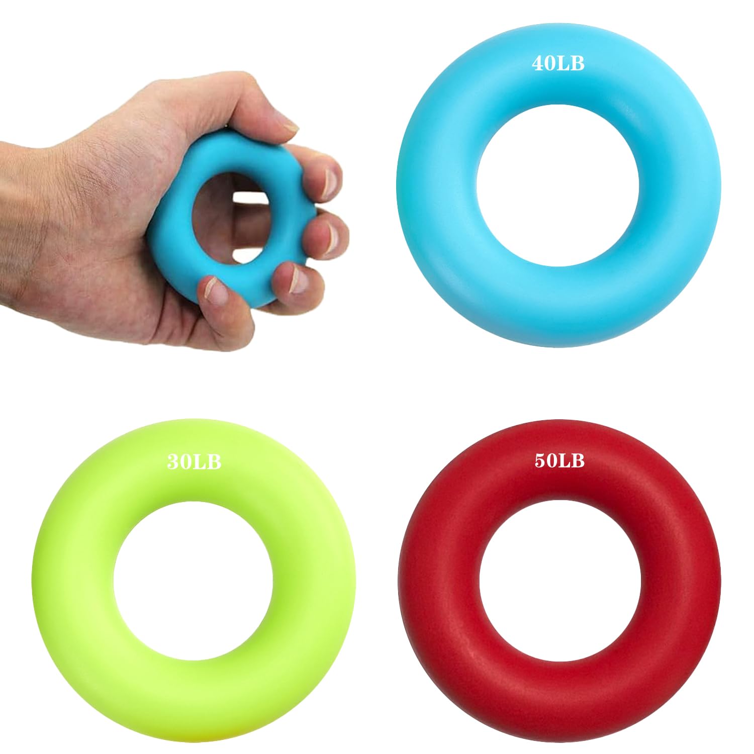 3 Pcs Adjustable Resistance Hand Exercise Rings - 30/40/50LB Silicone Grip Strengtheners for Finger & Forearm Workouts, Rehab & Muscle Training (Grey/Black/Blue)