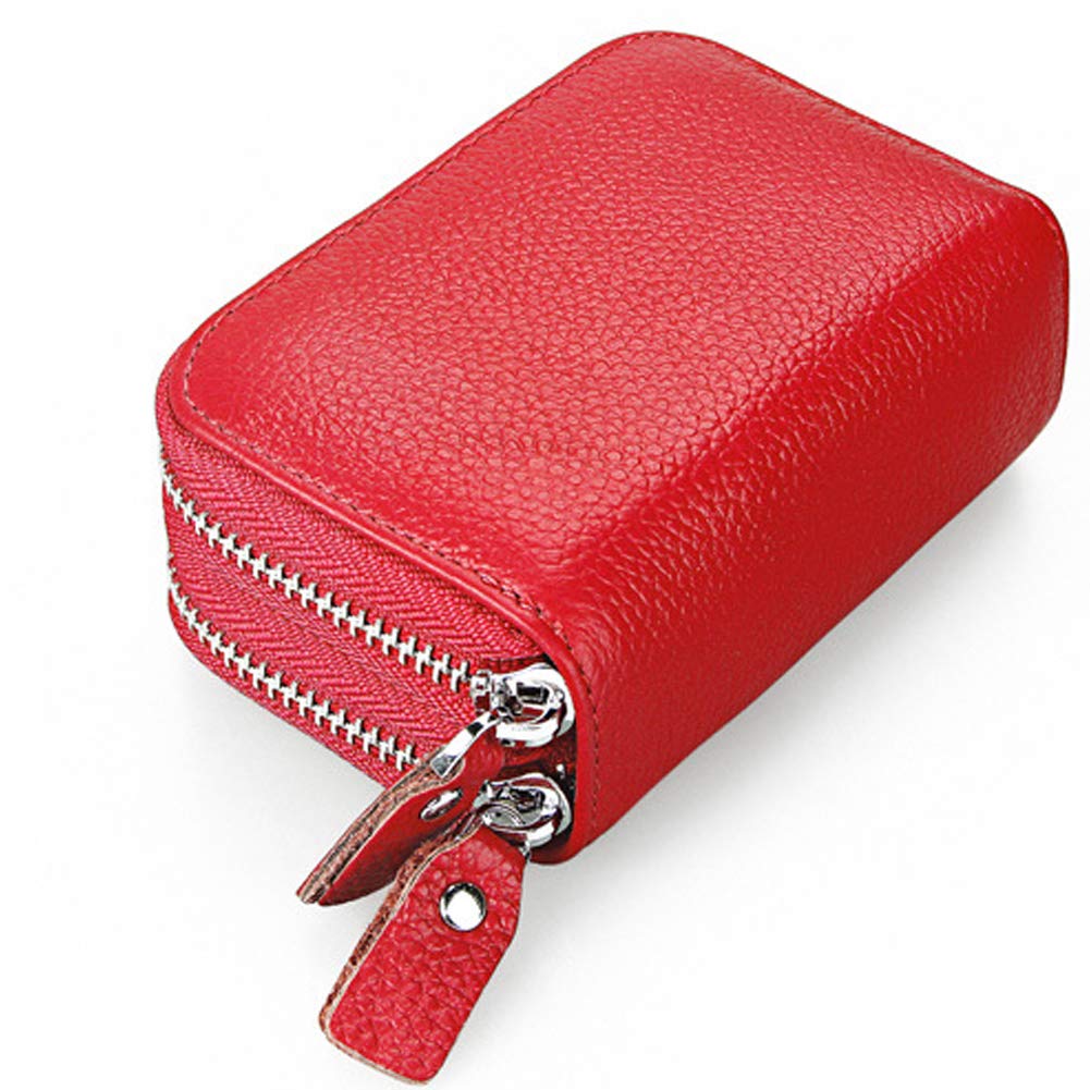 Genuine Leather Wallet Small Soft, Card Holder with RFID Blocking & Zipper Pocket for Women & Men C-B-B2, Red, One Size, Large Capacity