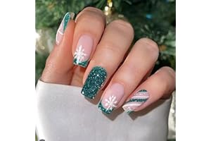 HPYFOI Green Christmas Press on Nails Medium Square Fake Nails Holiday Nails Press ons with Candy Stripe,Snowflake,Bow Design Reusable Artificial Nail Full Cover Stick on Nails for Women Manicure 24Pcs