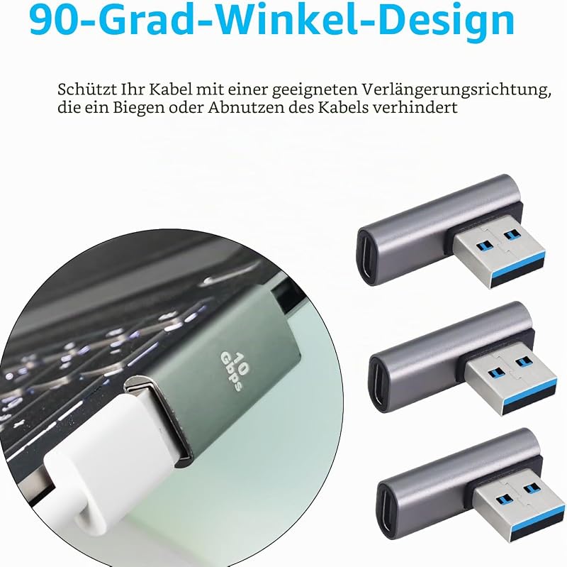 10 Gbps USB 3.1 Adapter 90 Grad USB Stecker auf Typ C weiblicher Adapter zur Datenübertragung OTG für Tablet Laptop 3 Pack (Silber USB A M/C F)