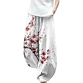 Japanese Ink Painting Pants Waist Elastic Wide Leg Sweatpants Ethnic Baggy Trouser Casual Boho Spring Fall Pant