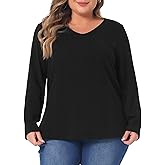 Agnes Orinda Plus Size Tops for Women V Neck Long Sleeve Basic Knit Tops Tee T-Shirts Blouses 2024