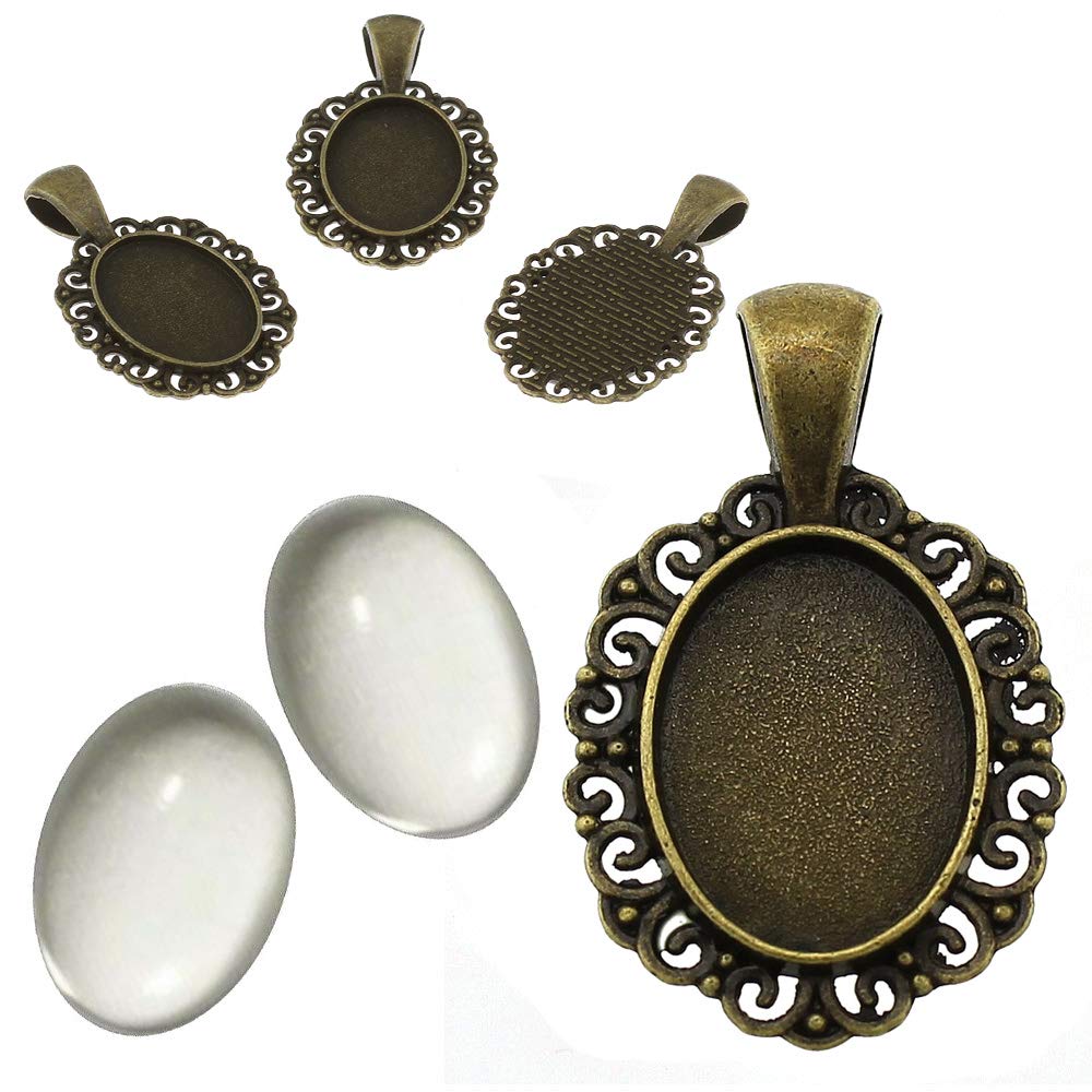 Perlin Set of 6 Filigree Medallions Metal Pendant Fittings and 18 x 13 mm Oval Clear Glass Cabochon in Silver and Bronze Colour, Frame Super Look Craft Set
