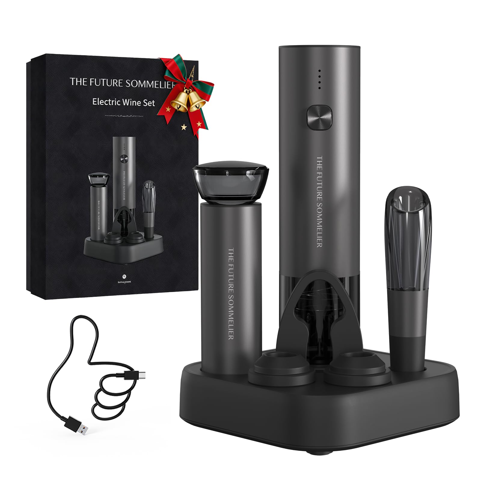 CIRCLE JOY Rechargeable Electric Wine Opener Set 7-in-1 Aluminum Alloy Wine Gift Set with Electric Corkscrew, Foil Cutter, Wine Pourer, Storage Base, Vacuum Pump and 2 Wine Stoppers Image