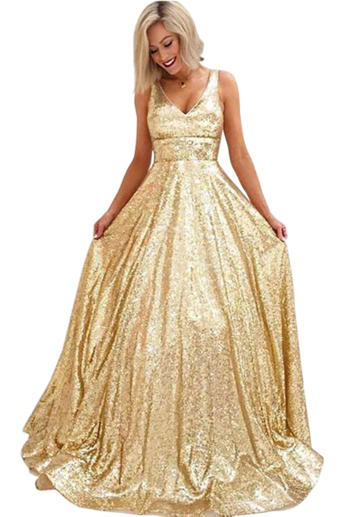 ONLYCE Women's ALine Sleeveless VNeck Sequined Prom Evening Dress