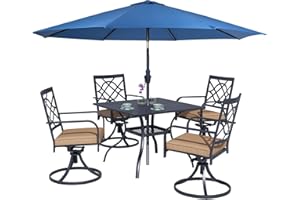 Oakcloud 5-Piece Metal Outdoor Patio Furniture Outdoor Dining Set with Dark Blue Umbrella, 4 Metal Swivel Chairs and Square Dining Table with Umbrella Hole