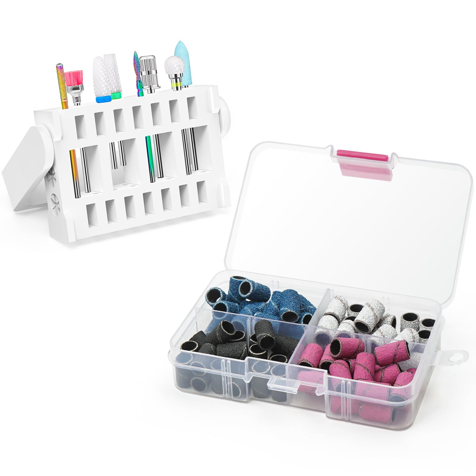 Ecagewill Nail Drill Bits Set 8Pcs 3/32 inch Efile Nail File Bits with 80 Pcs Sanding Bands for Nail Drill, Remove Gel Acrylic cuticle drill bit for Manicure Pedicure(White holder)