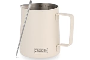 ZRODEN Milk Frothing Pitcher, 12oz Espresso Steaming Pitchers Stainless Steel Milk Coffee Cappuccino Barista Steam Pitchers Milk Jug Cup with Decorating Pen Latte Art, Matte White
