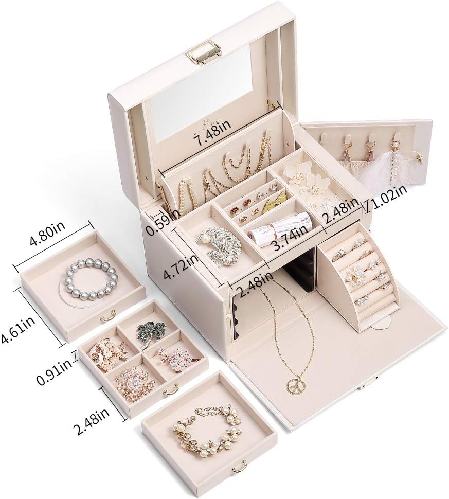 Vlando Faux Leather Jewelry Box Organizer, 6 Colors Available, Vintage Gift Case (White): Home & Kitchen