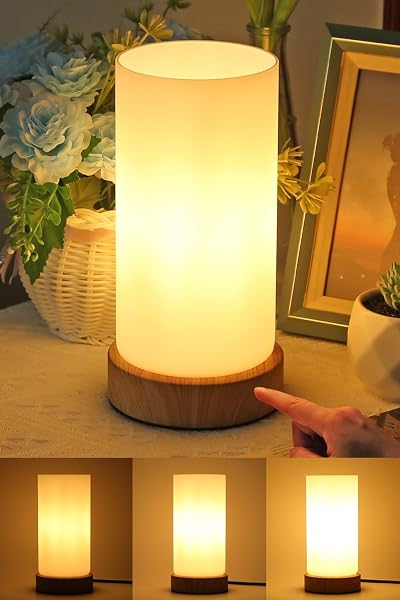 HSLighting Bedside Lamp 3-Way Dimmable Glass Table Lamp with Wood Grain Base