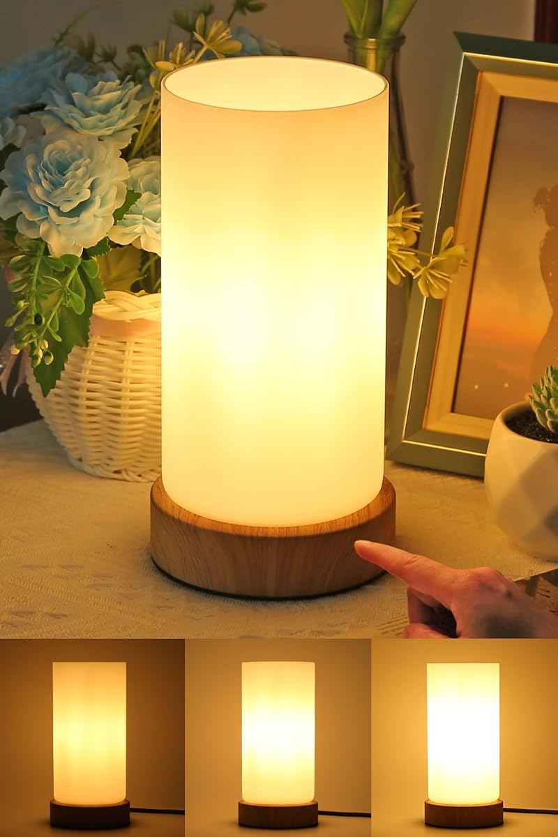 HSLighting Bedside Lamp 3-Way Dimmable Glass Table Lamp with Wood Grain Base