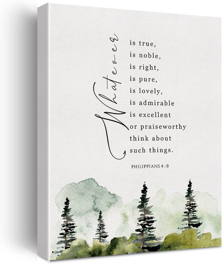 Wall Décor - Bible Verse Watercolor Canvas Print Decor Whatever is True Philippians 4 : 8 Wall Painting Posters Artwork 12”X15” Modern Home Office Decoration (Framed)…