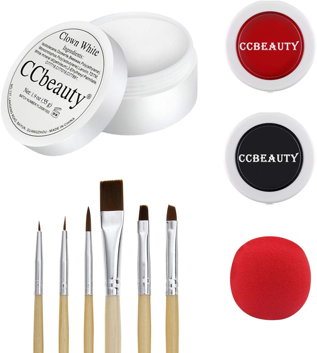 CCbeauty Clown Makeup Kit Professional White Black Face Paint Joker Dress Up with 6 Wooden Brushes