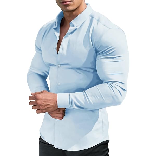 RPOVIG Camisas De Vestir Musculares Para Hombre: Casual, Manga Larga, Con Botones, Elástico, Ajuste Atlético, Sin Arrugas, Color Azul, Celeste, 3X- Large