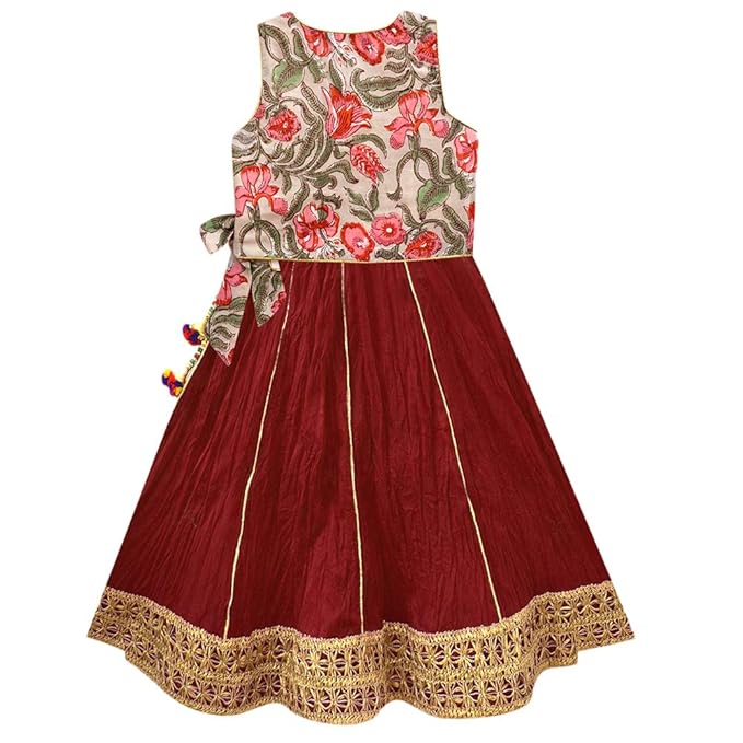 A.T.U.N By Hopscotch Girls Cotton Petal Fresh Block Print- Kimono Tie-Up Three Piece Lehenga Set in Maroon Color