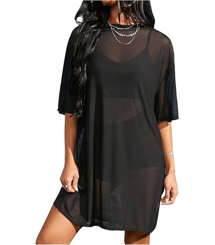 Testudineus Women Sexy Beach Cover Ups See Through Sheer Mesh Short Sleeve T -Shirt Dress at Amazon Women's Clothing store