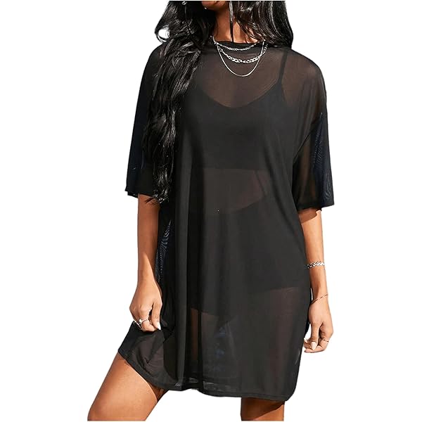 Testudineus Women Sexy Beach Cover Ups See Through Sheer Mesh Short Sleeve T -Shirt Dress at Amazon Women's Clothing store