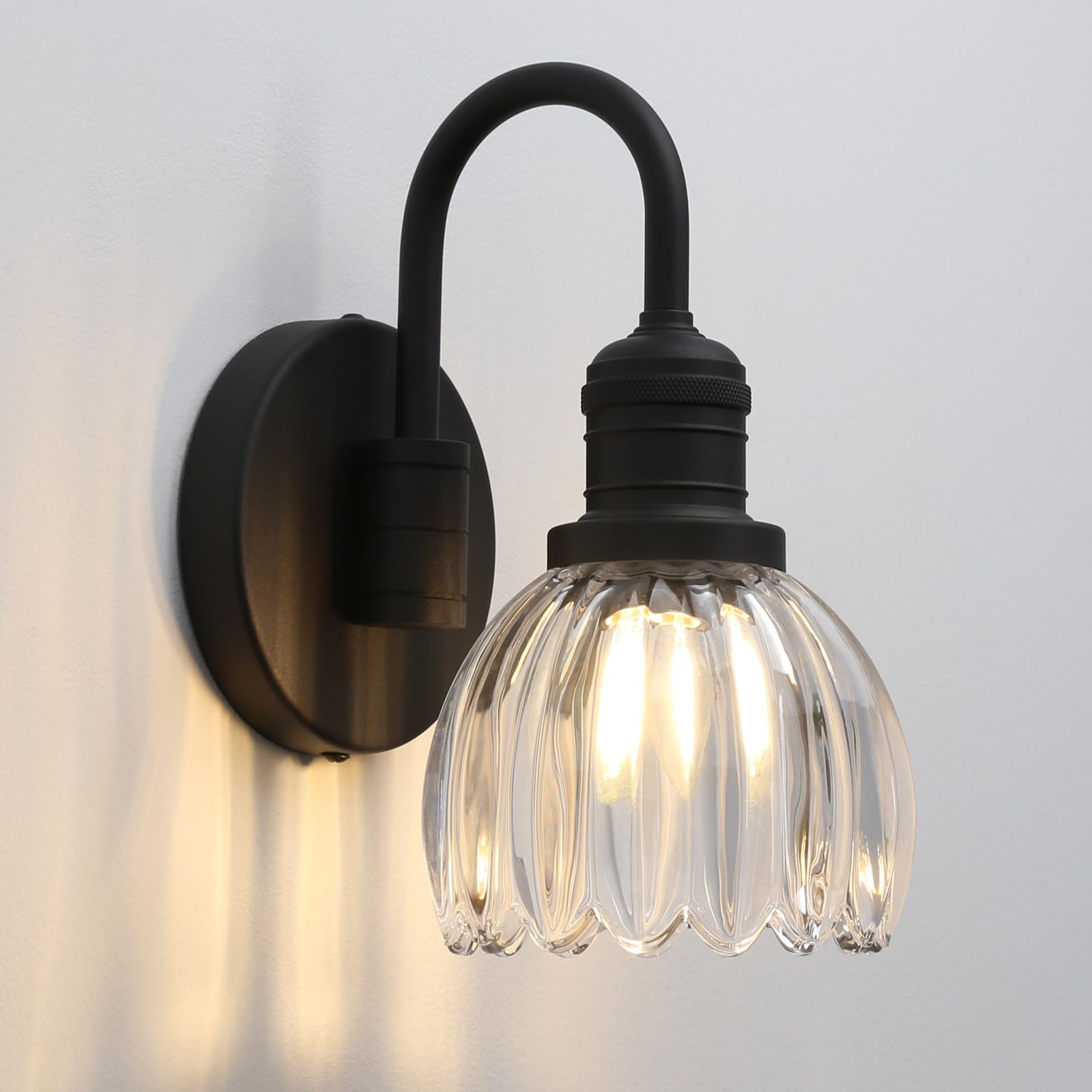 Photo 1 of Yosoan Boho Brass Vintage Bathroom Wall Sconce with Flower Shade, 1-Light Indoor Vanity Industrial Modern Hardwired Wall Mounted with Transparent Tulip Shade for Living Room Bedroom Kitchen(Black)