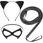 GORUI 3PCS Halloween Cat Costume Accessories for Women, Glitter Cat Ears Headband PU Mask and Black Long Whip for Halloween Party Role Playing Accessories