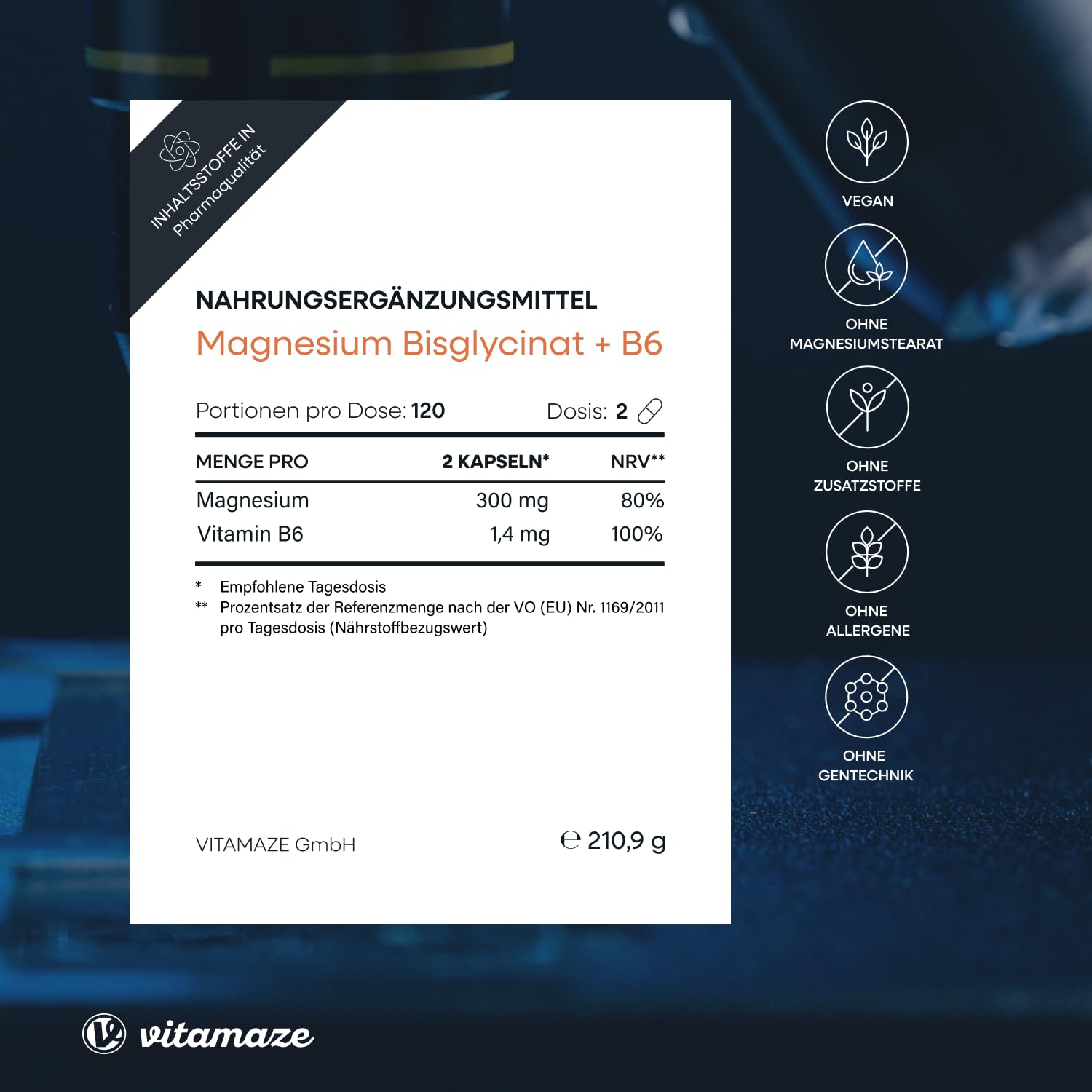 Vitamaze Magnesium Bisglycinate mit Vitamin B6, 240 Kapseln für 4 Monate, 150 mg Magnesium pro Kapsel, Nur 2 Kapseln pro Tag, Vegan, Made in Germany 5