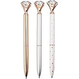 3 Pcs Rose Gold Pen with Big Diamond/Crystal ，Metal Ballpoint Pen，Rose Gold /Silver Office Supplies，Black Ink (3pcs) (RR-12-19-9)