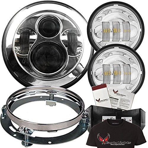 Eagle Lights 8700 7" Round Chrome Harley Daymaker LED Headlight with Matching Chrome Passing Lamps, Adapter Ring and Free T-Shirt