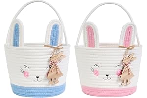 2 Pack Easter Bunny Baskets with 2 Wooden Bunny Ornaments, Egg Hunt Baskets, Easter Gift Baskets for Egg Hunting, Candy, Easter Decorations (pink+blue)