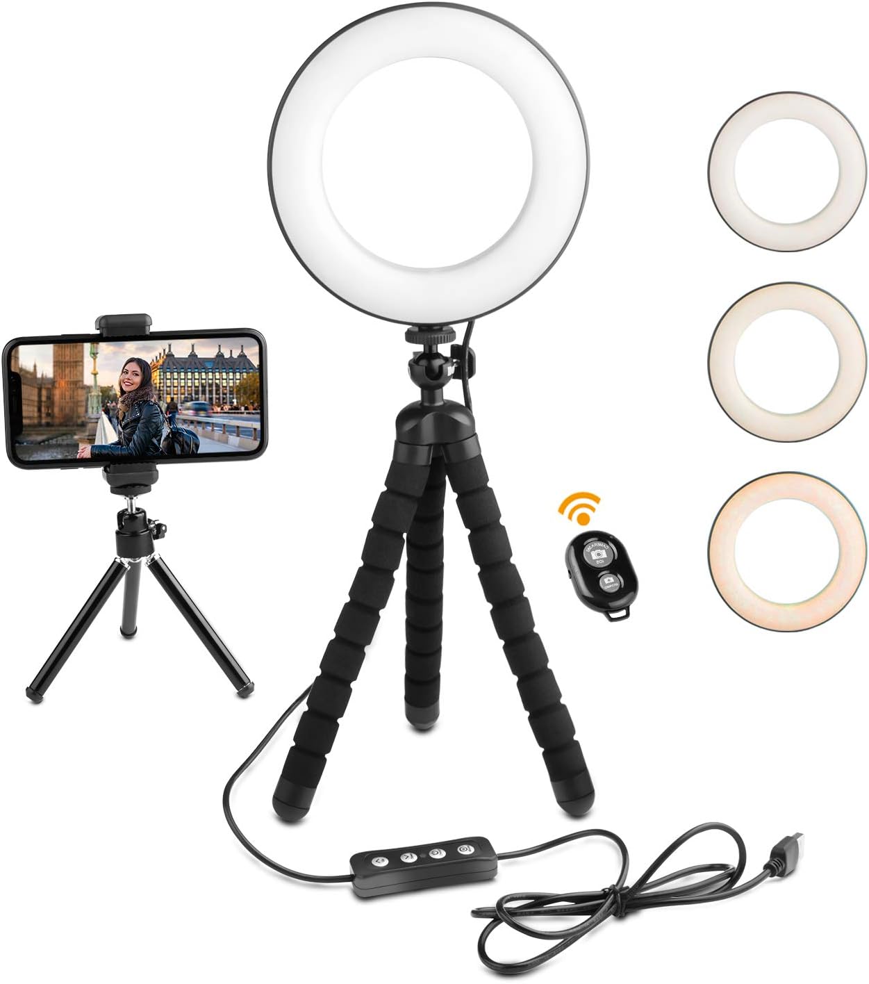 Deyard LED Ring Light with Tripod Stand & Cell Phone Holder for iPhone GoPro Xiaomi Yi Action Camera Suitable for YouTube Video and Makeup, with 3 Light Modes & 12 Brightness Levels (6 inch)