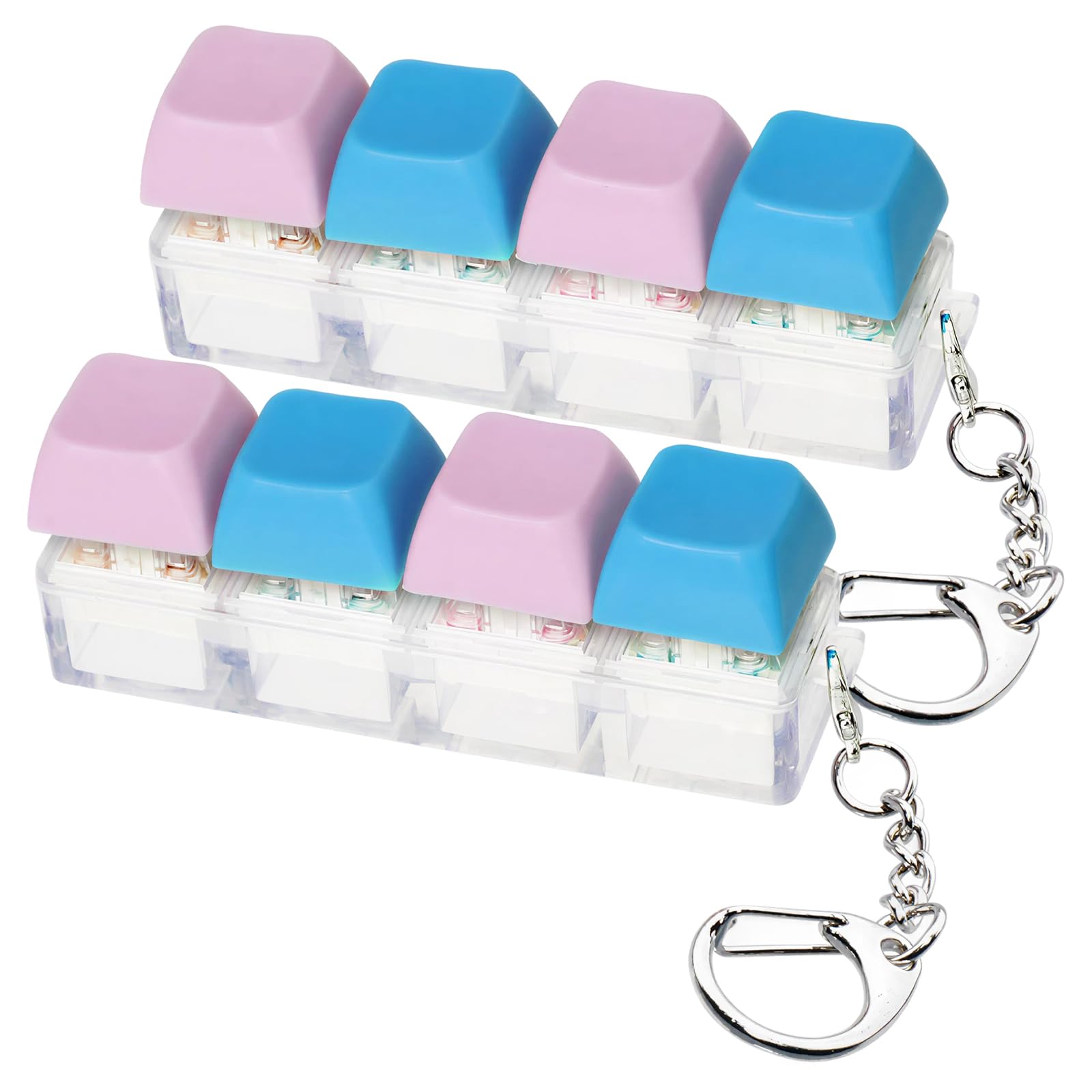 2Pcs Keyboard Fidget Keychain, Portable Fidget Keyring with PC Material for Daily Relaxation, 4 Buttons Handy Fidget Clicker for Adults Office Home Suitable as Gift Blue Pink