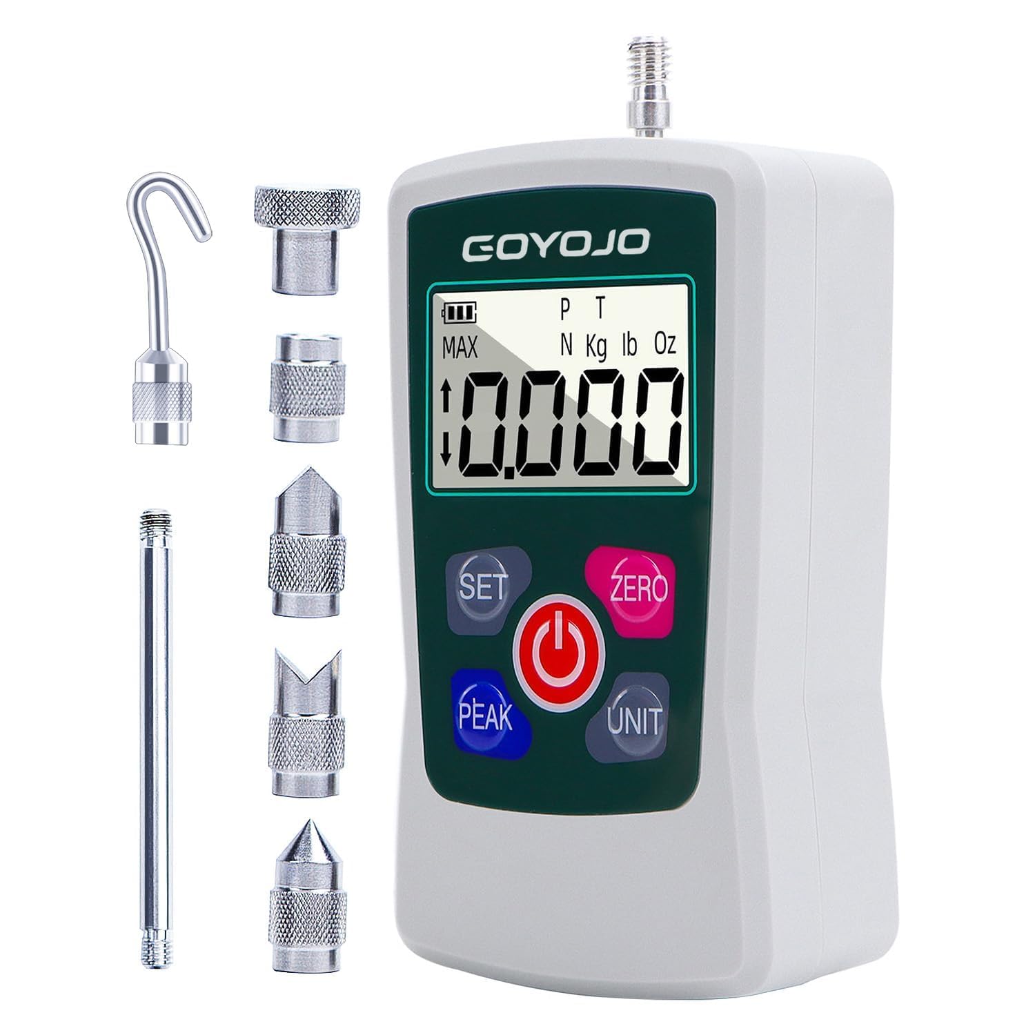 GOYOJO Digital Force Gauge, High-Precision Push-Pull Meter for Tension and Compression Testing Units (N, kg, lb, oz) Real-Time/Peak/First Peak Modes Ideal for Quality Control & Material Testing (50N)