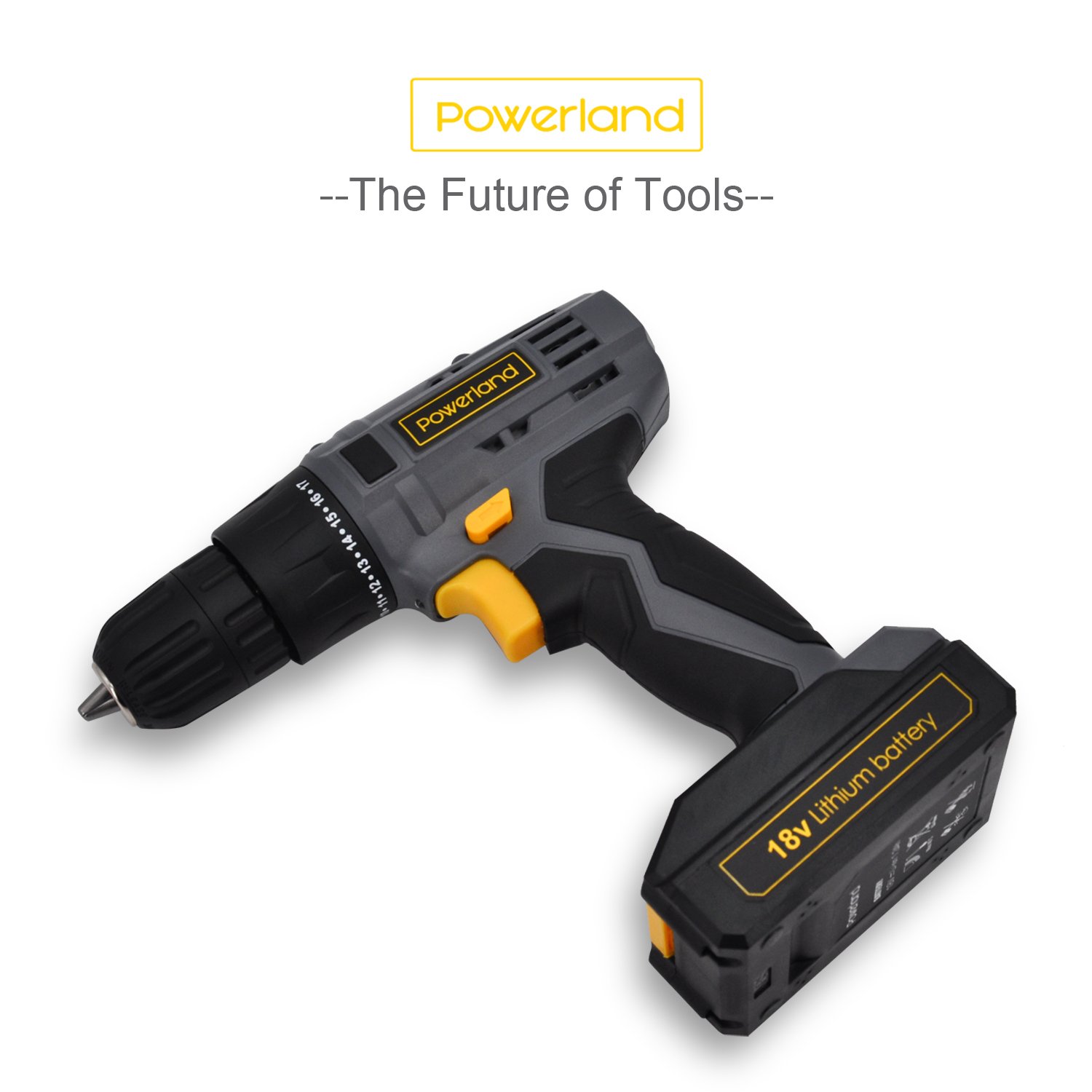 Powerland Perceuse visseuse sans fil TC-CD (Li-lon, 18V,,1 vitesses, Mandrin amovible monobloc (10 mm), Eclairage LED, Livré en coffret + chargeur rapide)