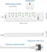 BEVA 3M Extension Lead 4 Way USB A C Ports Wall Mountable 13A 3250W view 5