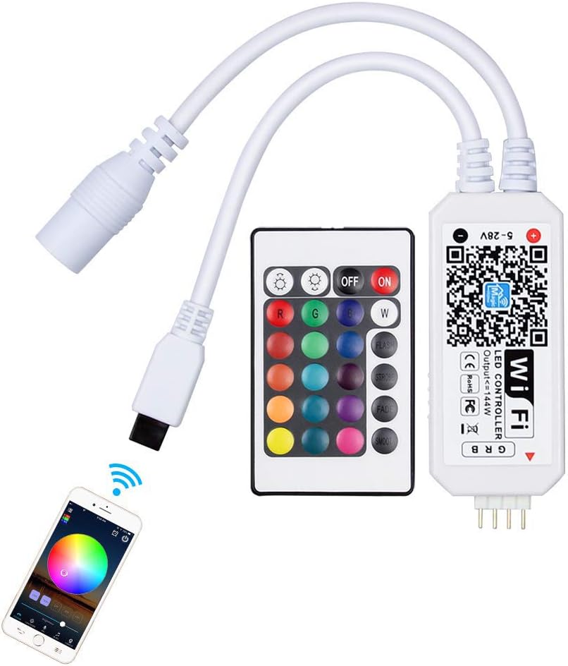 LED WiFi RGB Controller for 5050 3528 LED Light Strips, Compatible with Alexa, Google Assistant, Support Android iOS System, Come with 24 Key IR Remot