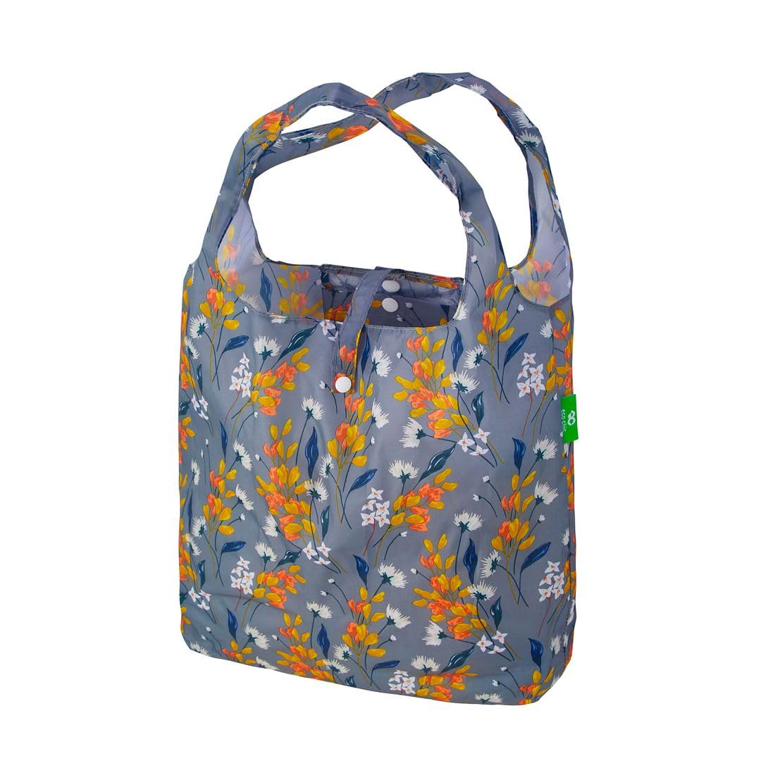 ECO CHIC Lightweight Foldable Reusable Shopping Bag Water Resistant Tote Bag (Flowers Grey) — image 1