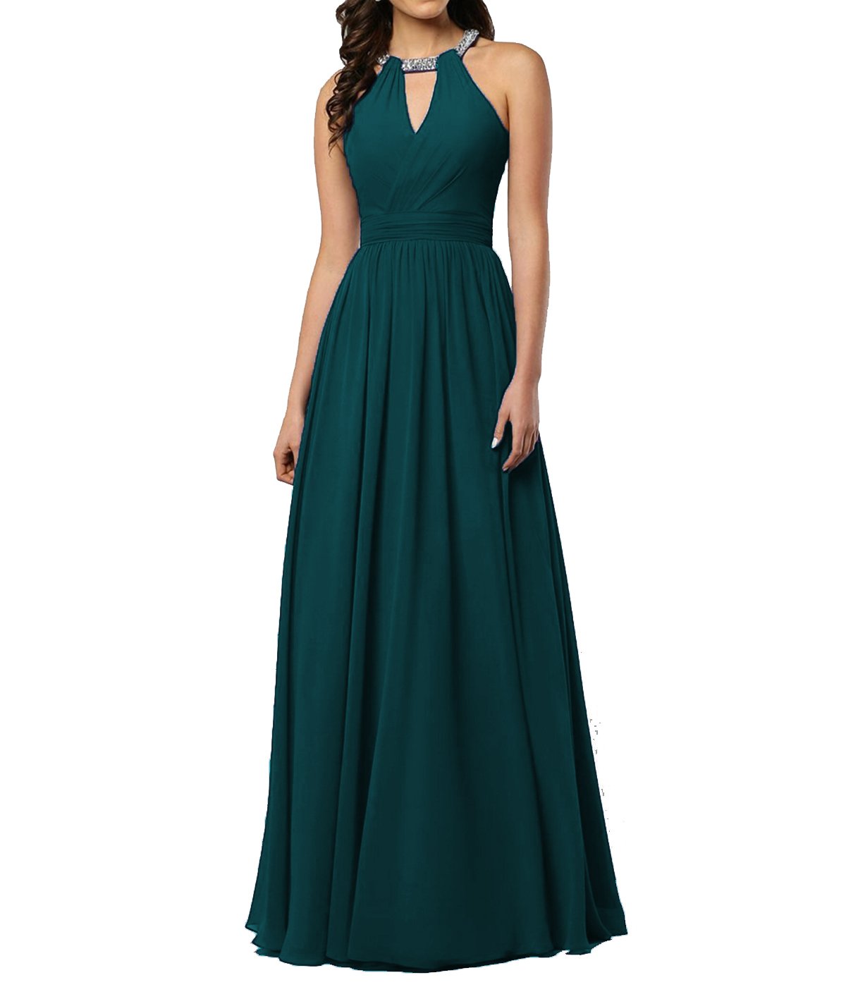 Women's Halter Beaded Prom Dress Off Shoulder Pleated Chiffon Evening Gown