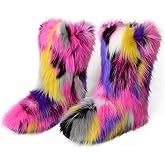 ZOSCGJMY Faux Fur Boots for Women Fuzzy Fluffy Furry Round Toe Suede Winter Snow Boots Flat Shoes