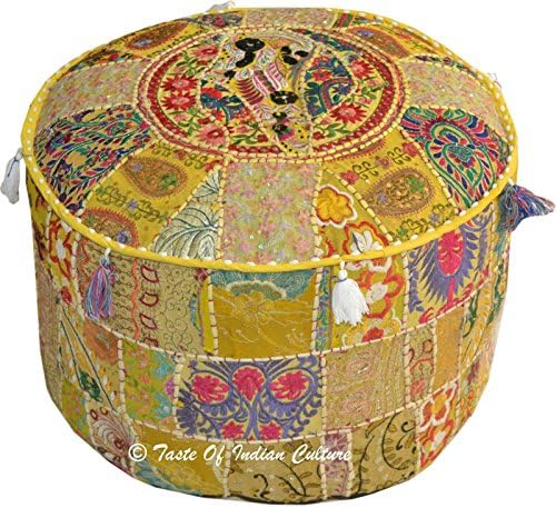 X Large 22" Yellow Round Ottoman Pouf Stool Chair Seating Pouffe Indian Decor