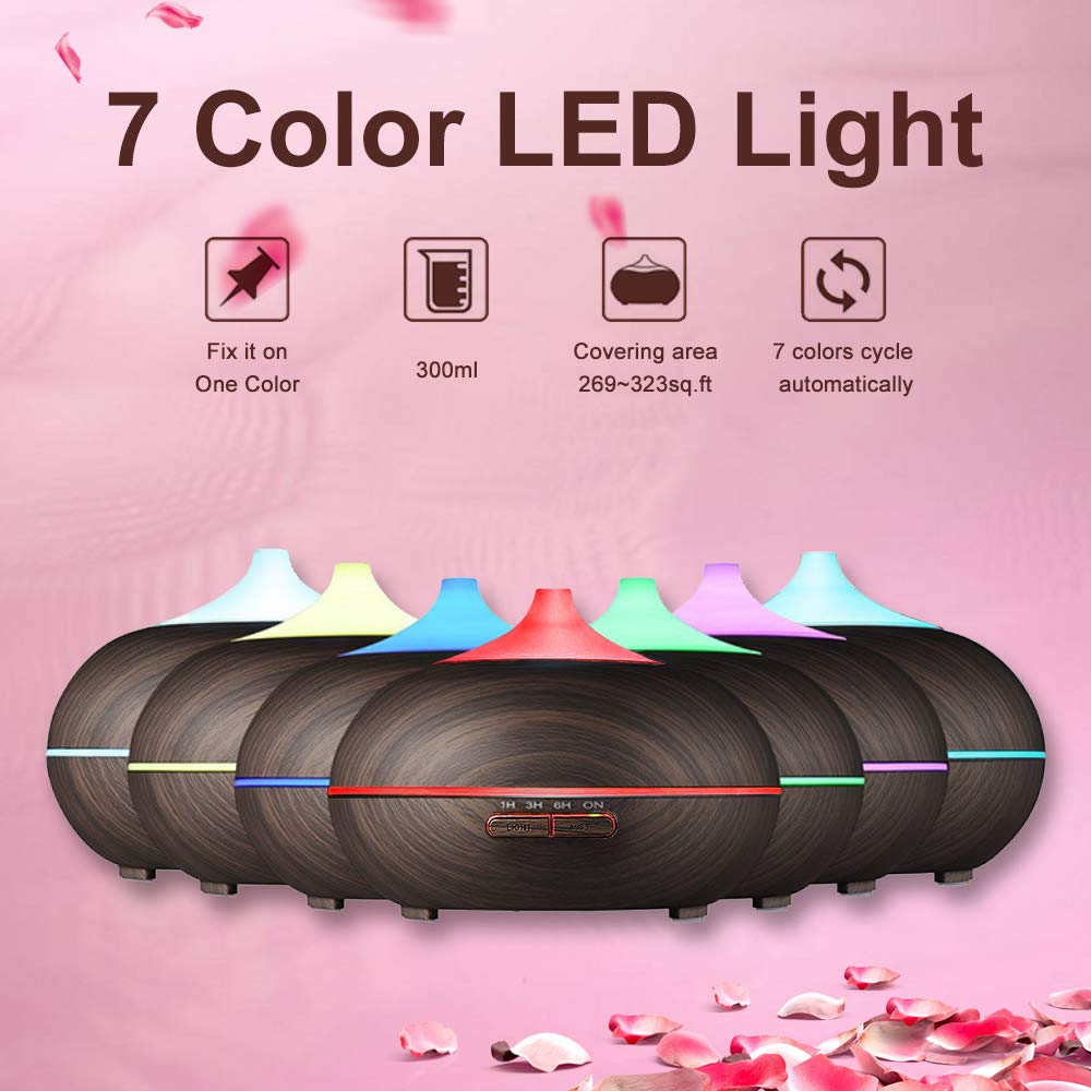 POWERIVER Aroma Essential Oil Diffuser 300ml for Aromatherapy with Adjustable Mist Modes Humidifiers with Auto Shut-off, Changing Colored LED Lights for Home, Spa, Baby Room, Office (24 Black)