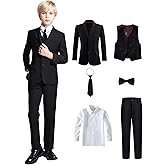 Yanlu Toddler Kids Suit Boy Slim Fit Tuxedo Wedding Ring Bearer Outfit Blazer Pants Vest Shirt Necktie and Bow Tie 6 Piece Black Kids Suits Size 7