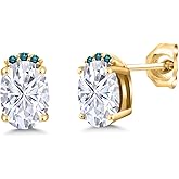 Gem Stone King 18K Yellow Gold Plated Silver Moissanite and Blue Diamond Stud Earrings For Women (1.87 Cttw, Gemstone Birthstone, Oval 7X5MM)