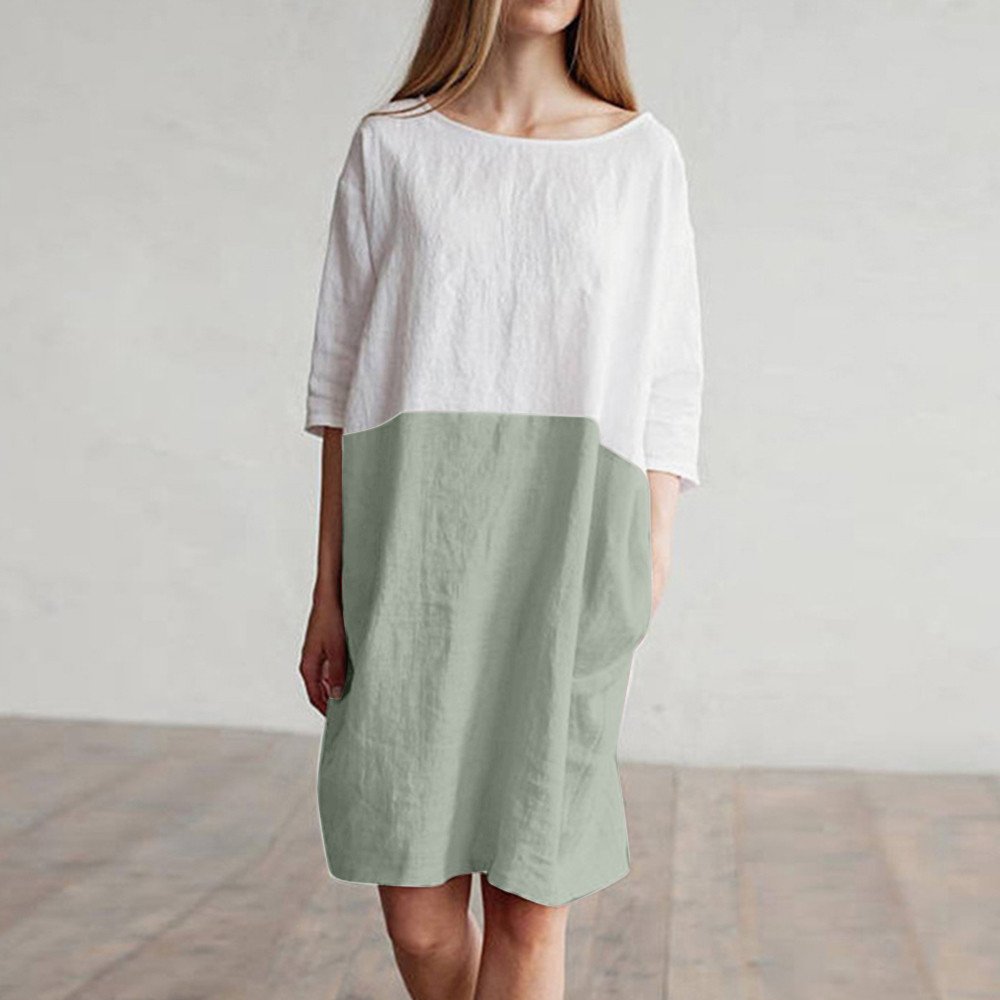 POTO Women Dresses, Loose Color Stitching Casual Dresses with Pockets Cotton Linen Tunic Dress Party Dress Beach Dress