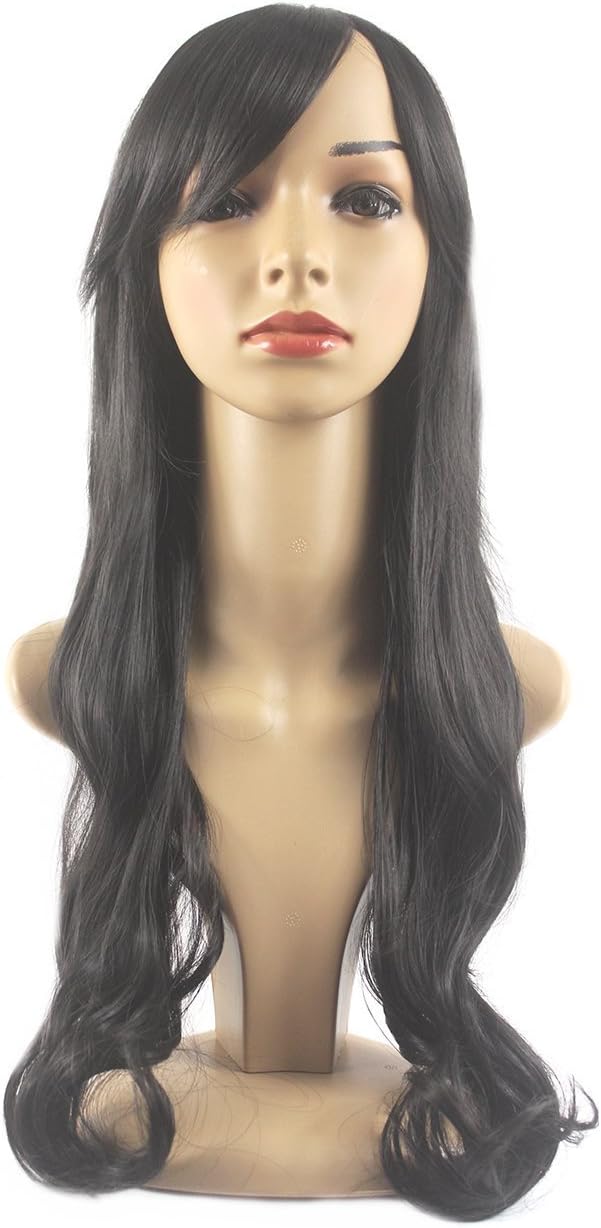 Xiaoyu 25"70cm Fascinating Oblique Bangs Wavy Wigs - Black
