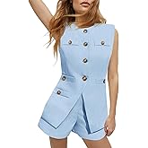 Tankaneo Womens 2 Piece Outfits Casual Suit Sets Sleeveless Button Down Blazer Vest Shorts Office Business Matching Set