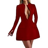 LuFeng Women's Long Sleeve Sexy Deep V Neck Zipper A-line Mini Dress Hollow Bodycon Night Out Party Dress